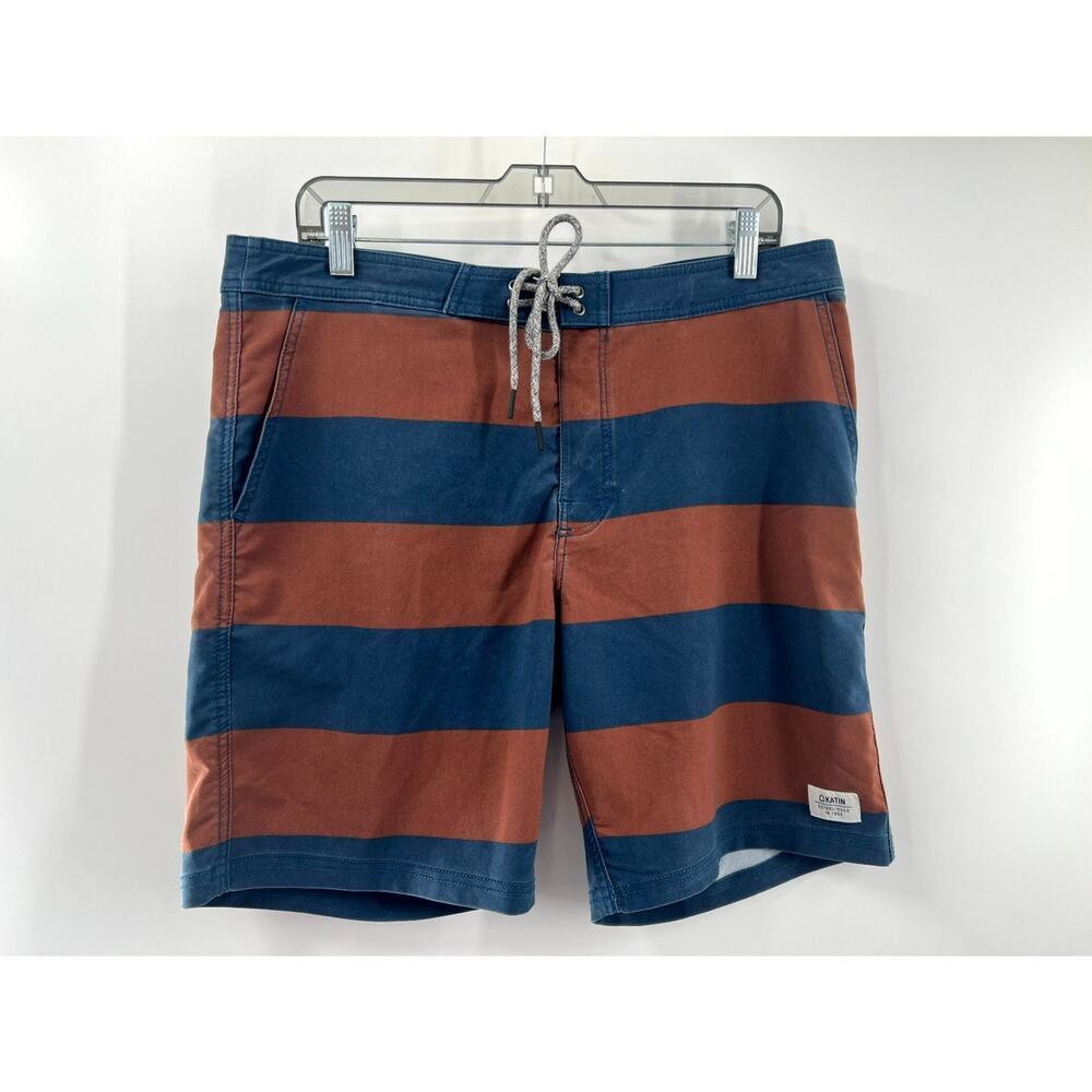 Katin Men's Brown Blue Striped Mid Rise Stretch Swim Board Shorts Size 34